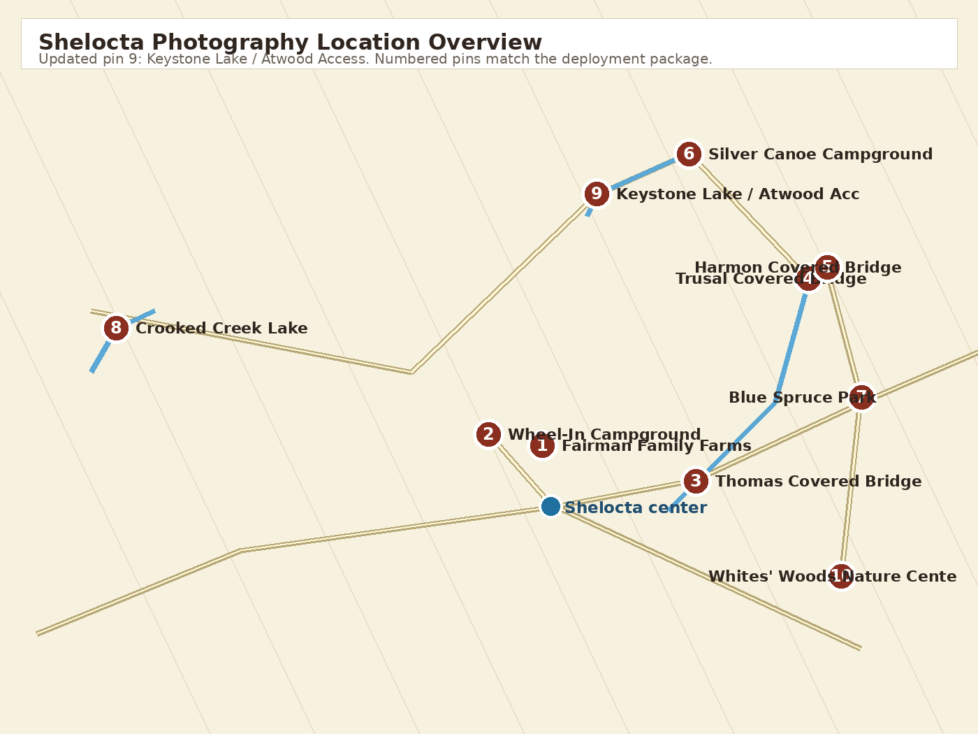 Numbered map of photography locations near Shelocta, Pennsylvania
