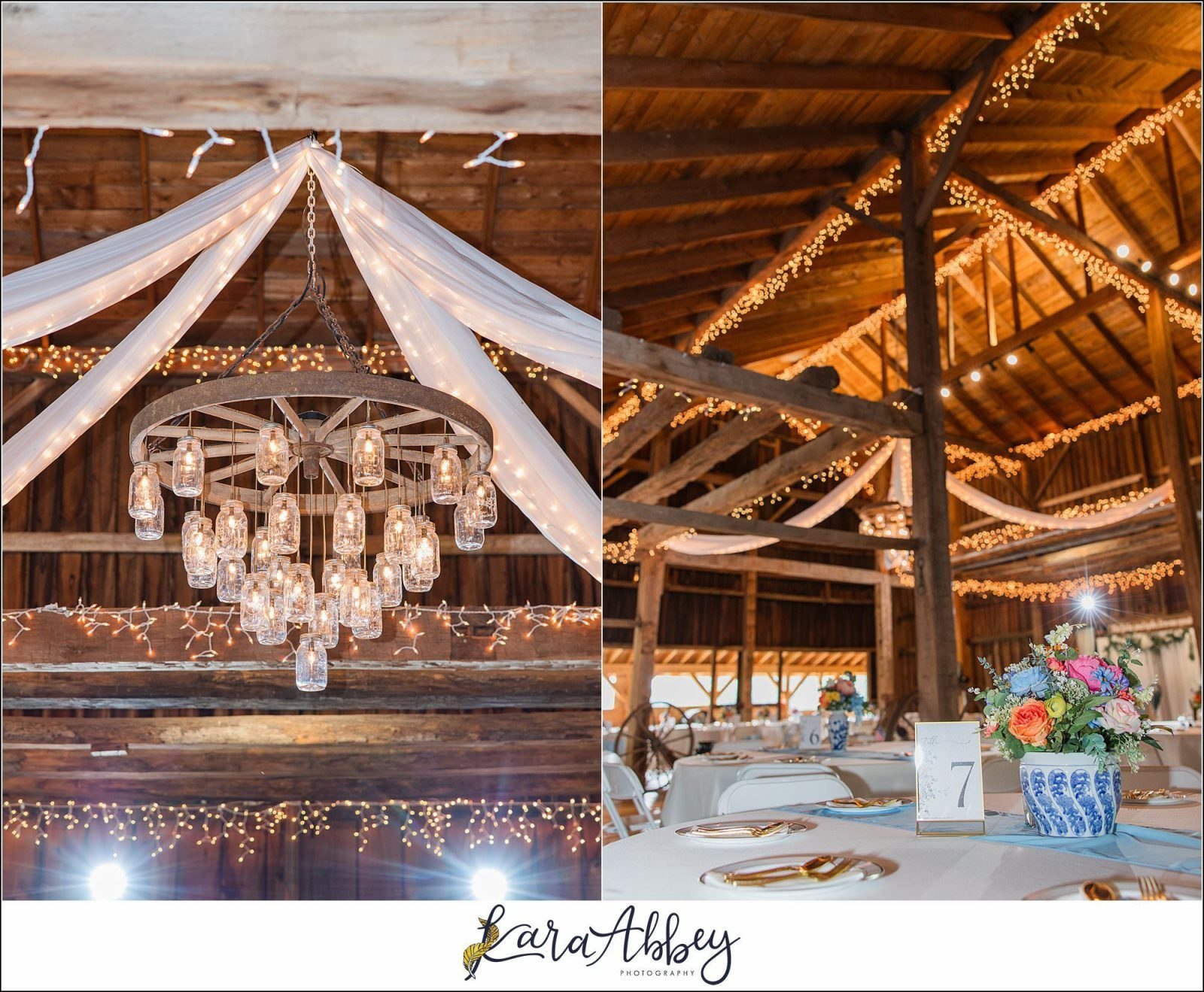 Fairman Family Farms chandelier detail and barn interior with colorful reception tables