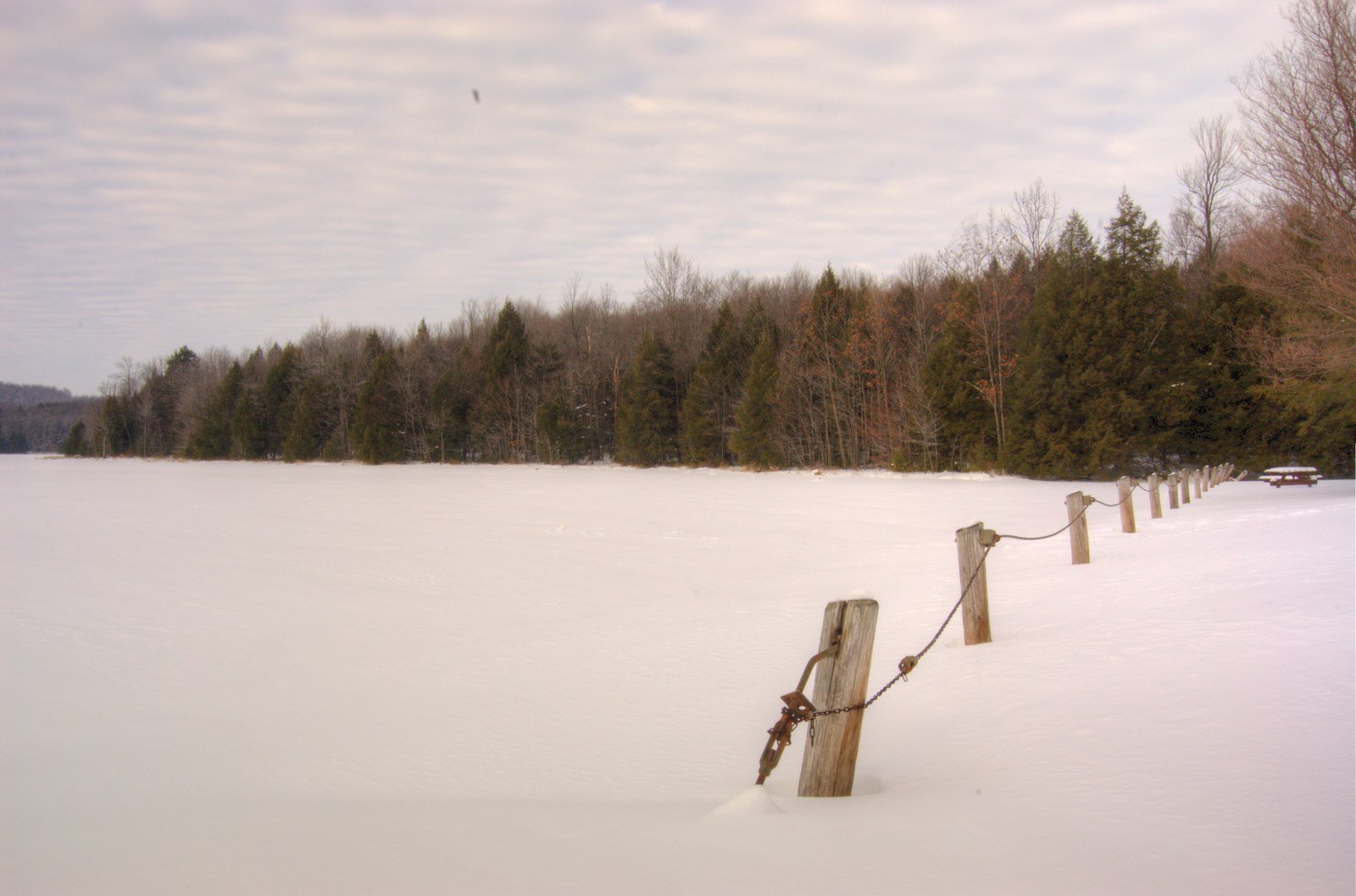 Frozen Hemlock Lake in Indiana County with rustic wooden fence posts in winter
